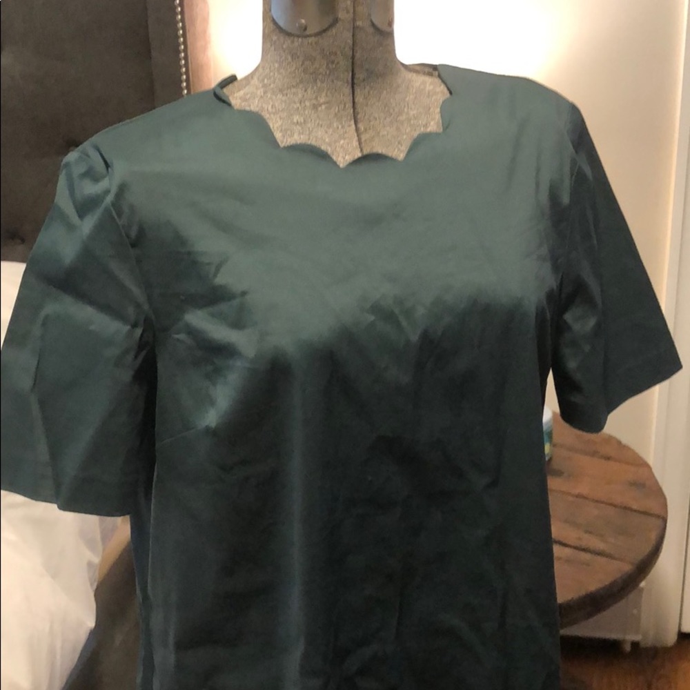 Scalloped neck and trim hunter green shift dress
